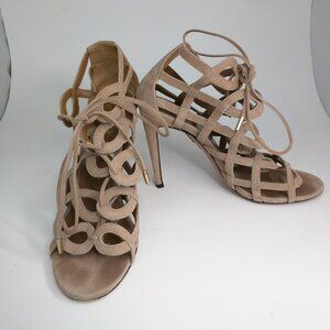 Aquazzura x Olivia Palermo Blush Pink Suede Cut Out Lace Up Stiletto Sandals 36